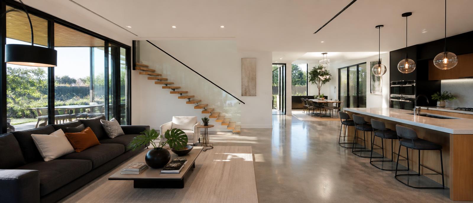 Sunlit modern living room with polished floors after a Summit deep clean