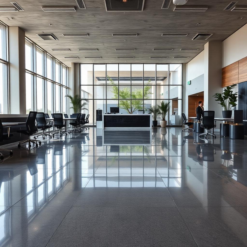 Modern office lobby with polished reflective floors